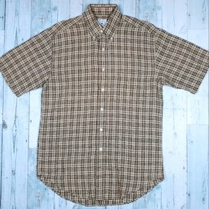 Brooks Brothers Sport 100% Linen Mens Small Plaid Short Sleeve Button Down Shirt